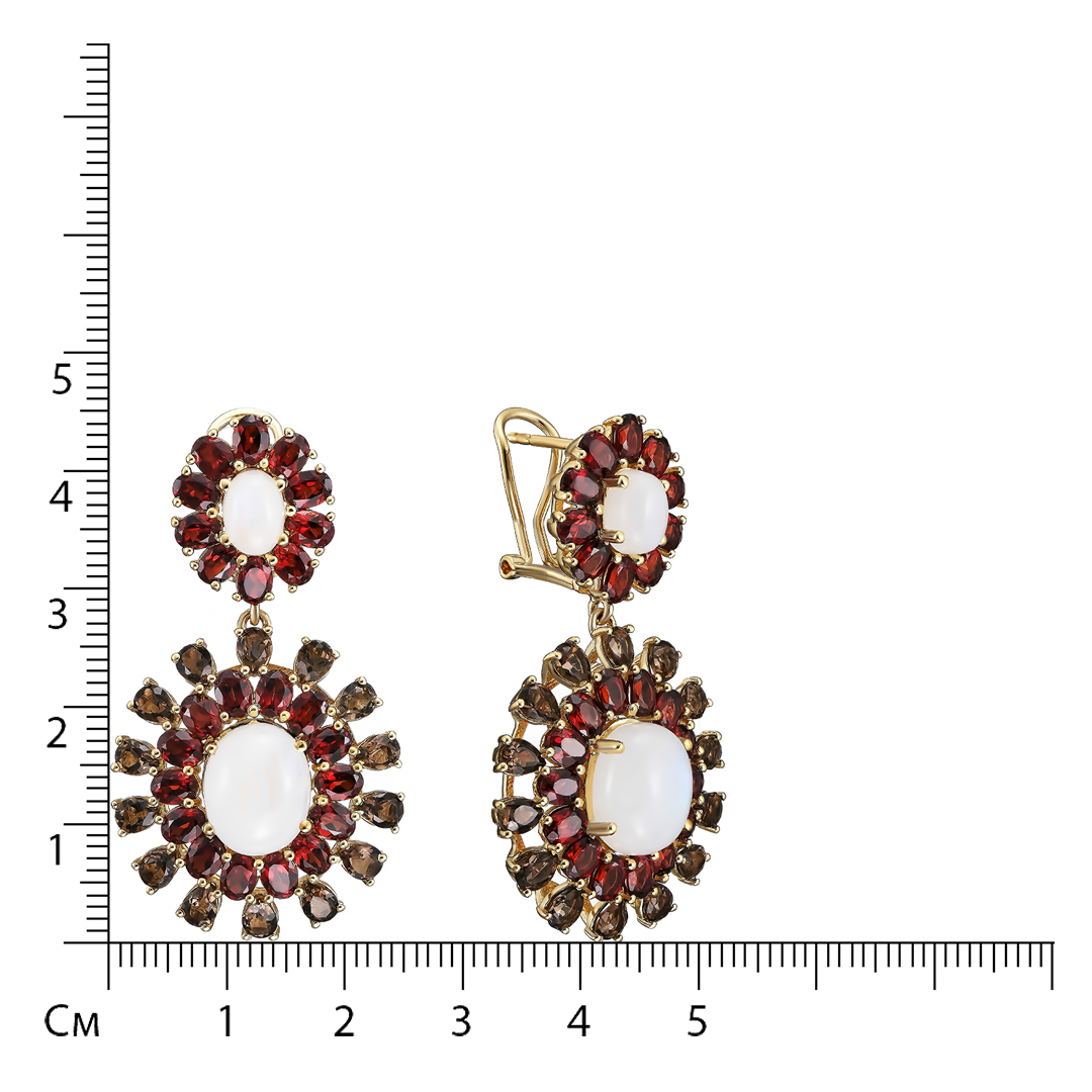 Серебряные серьги 925 пробы; вставки 4 Лунный камень 9,1 ct; 48 Гранат; 28 Кварц дымчатый;