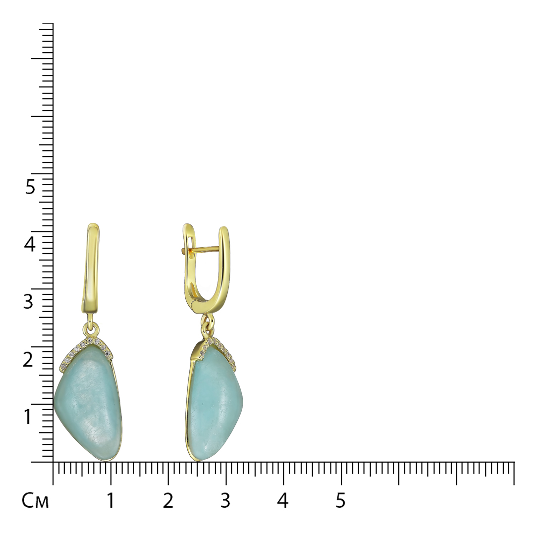 Серебряные серьги 925 пробы; вставки 2 Аквамарин 14,94 ct; 18 Куб.Цирконий бесцв. 0,01 ct;