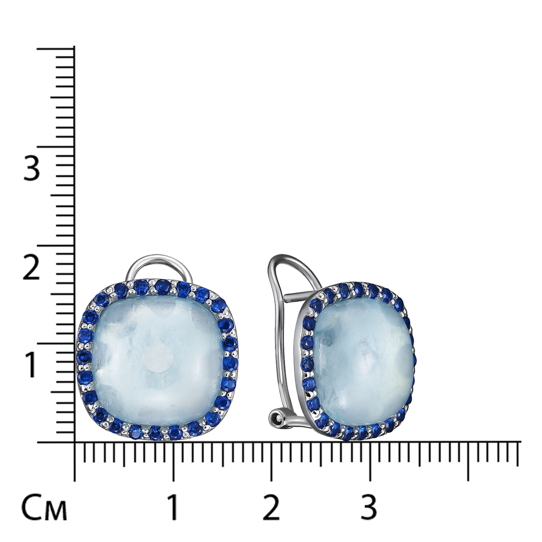 Серебряные серьги 925 пробы; вставки 2 Аквамарин 13 ct; 48 Куб. Цирконий синий;