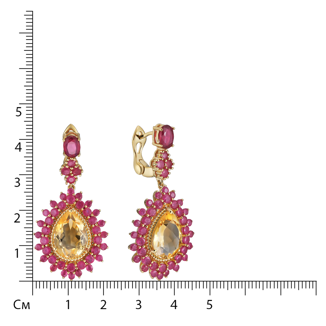 Серебряные серьги 925 пробы; вставки 2 Цитрин 8,8 ct; 86 Рубин F/2 8,36 ct;