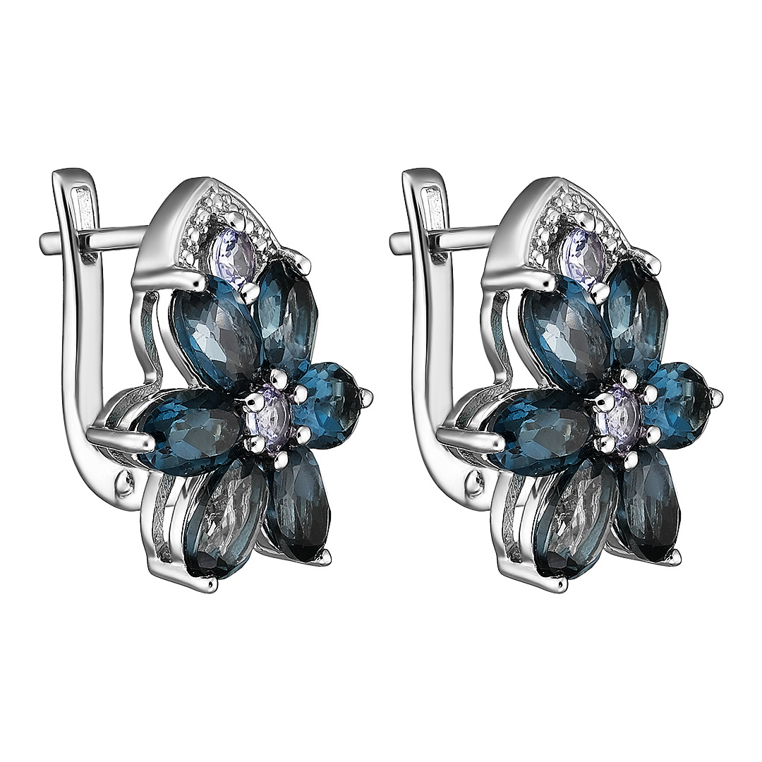 Серебряные серьги 925 пробы; вставки 12 Топаз Лондон 6,6 ct; 4 Танзанит 0,46 ct;