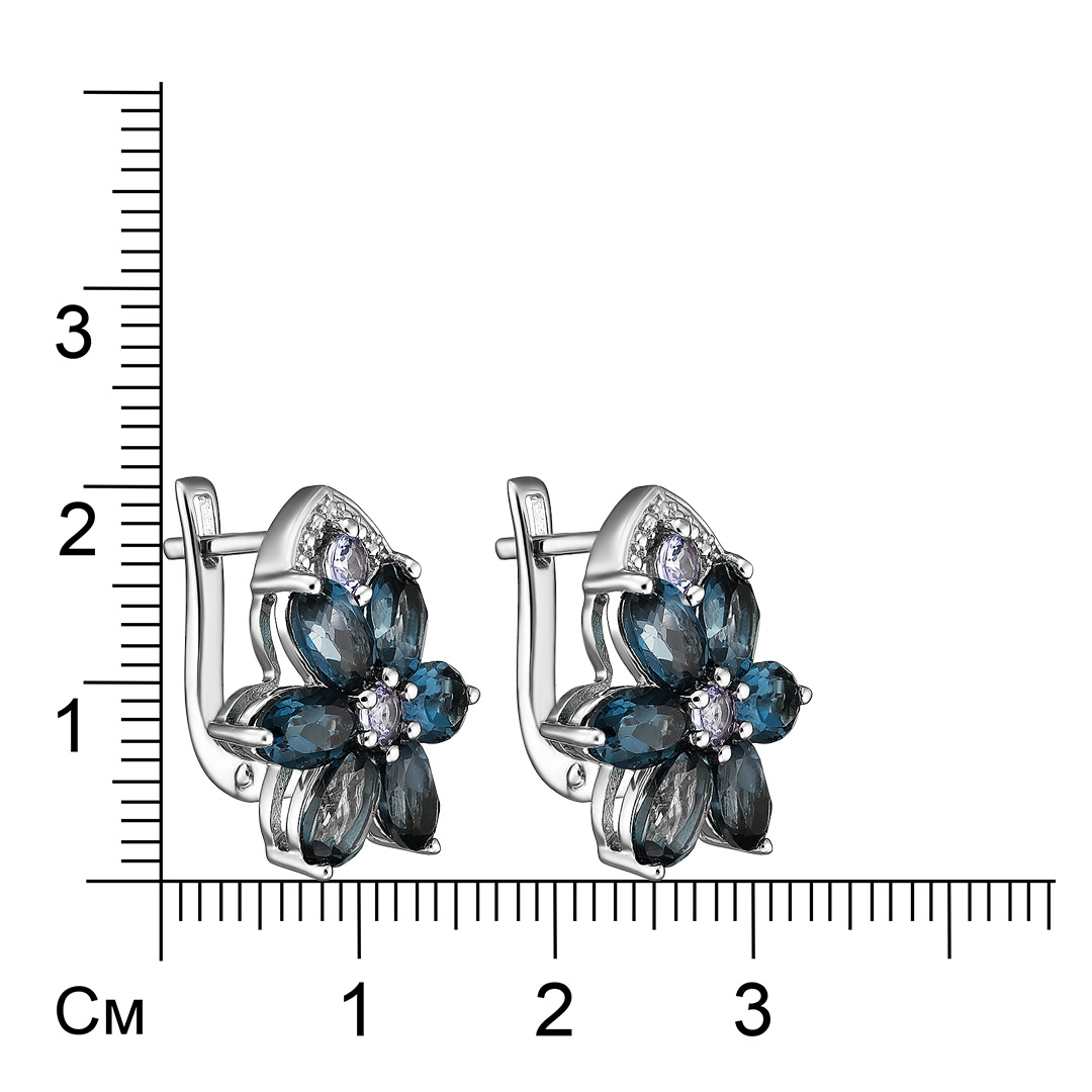 Серебряные серьги 925 пробы; вставки 12 Топаз Лондон 6,6 ct; 4 Танзанит 0,46 ct;