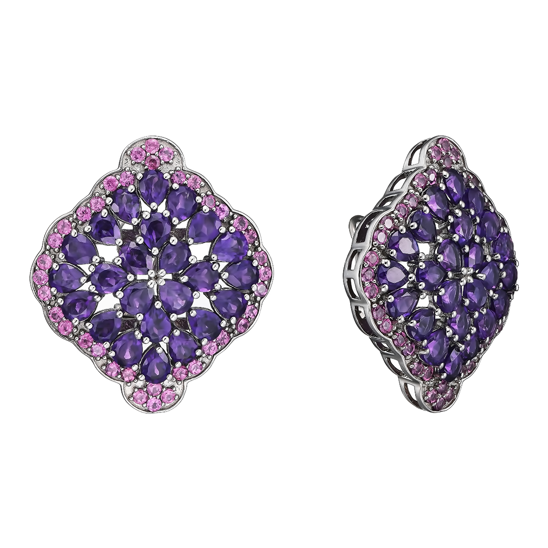 Серебряные серьги 925 пробы; родий черный; вставки 48 Аметист 14,4 ct; 76 Родолит 3,8 ct;
