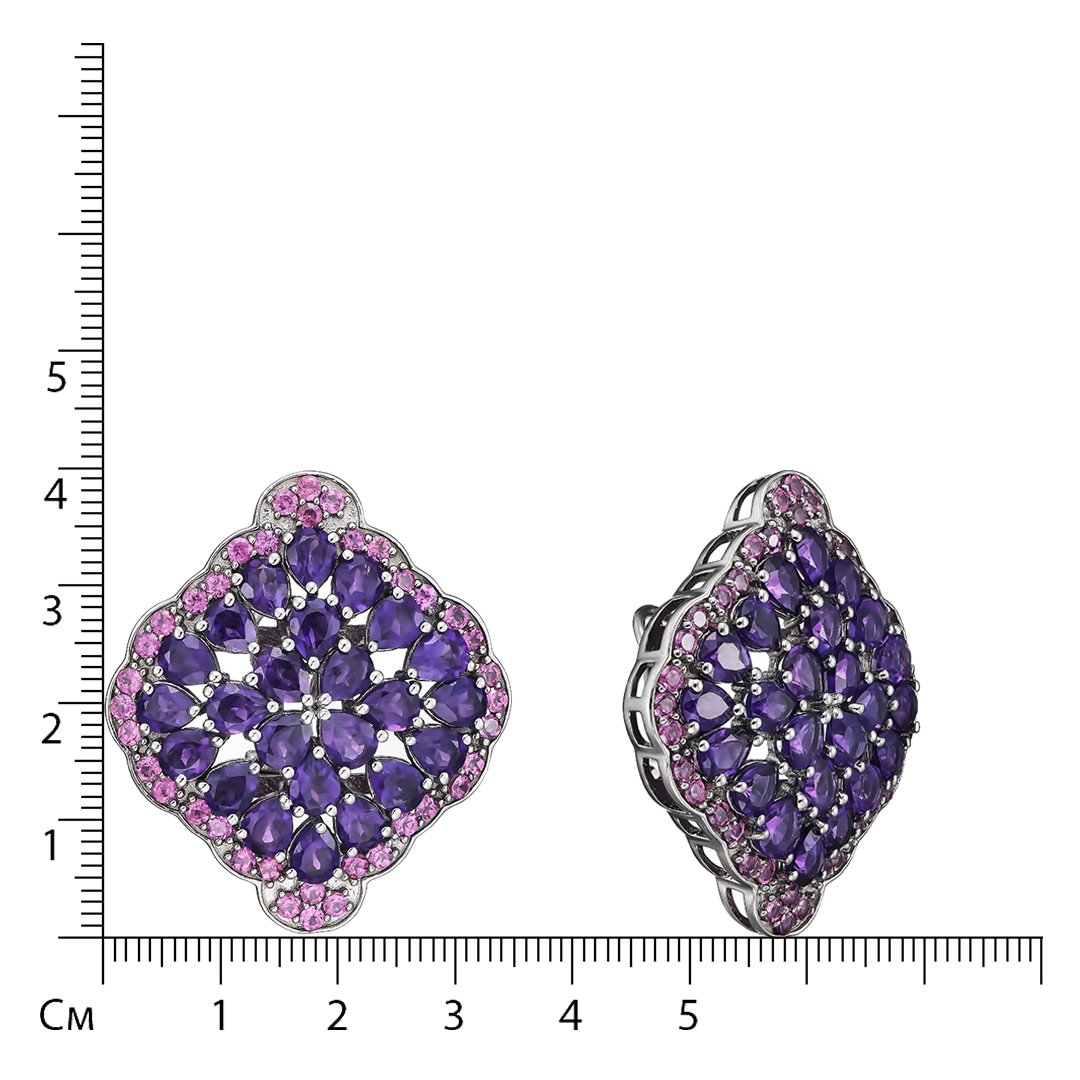 Серебряные серьги 925 пробы; родий черный; вставки 48 Аметист 14,4 ct; 76 Родолит 3,8 ct;