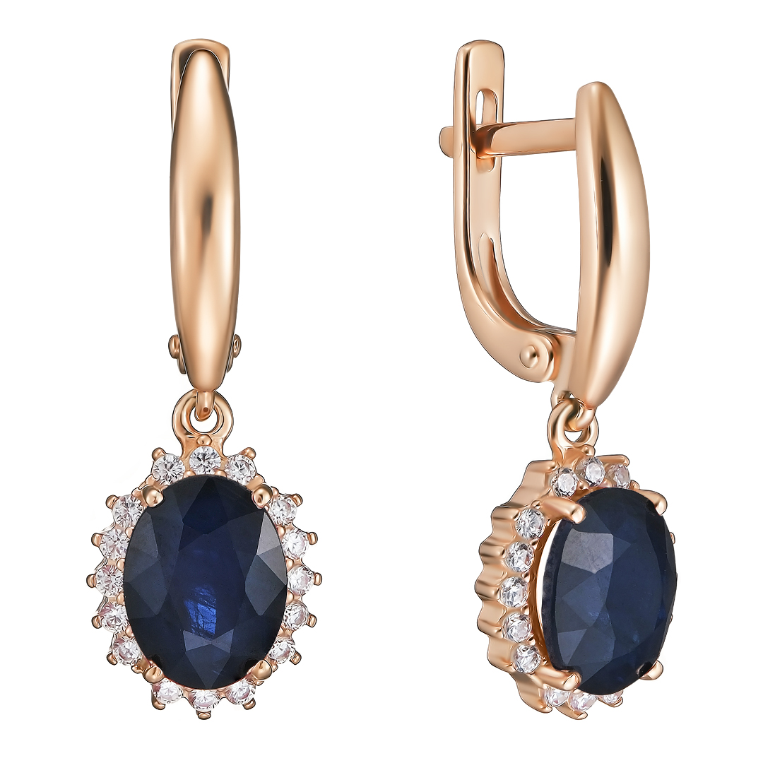 Серебряные серьги 925 пробы; вставки 2 Сапфир U/2 3,162; 32 Фианит бесцв.;