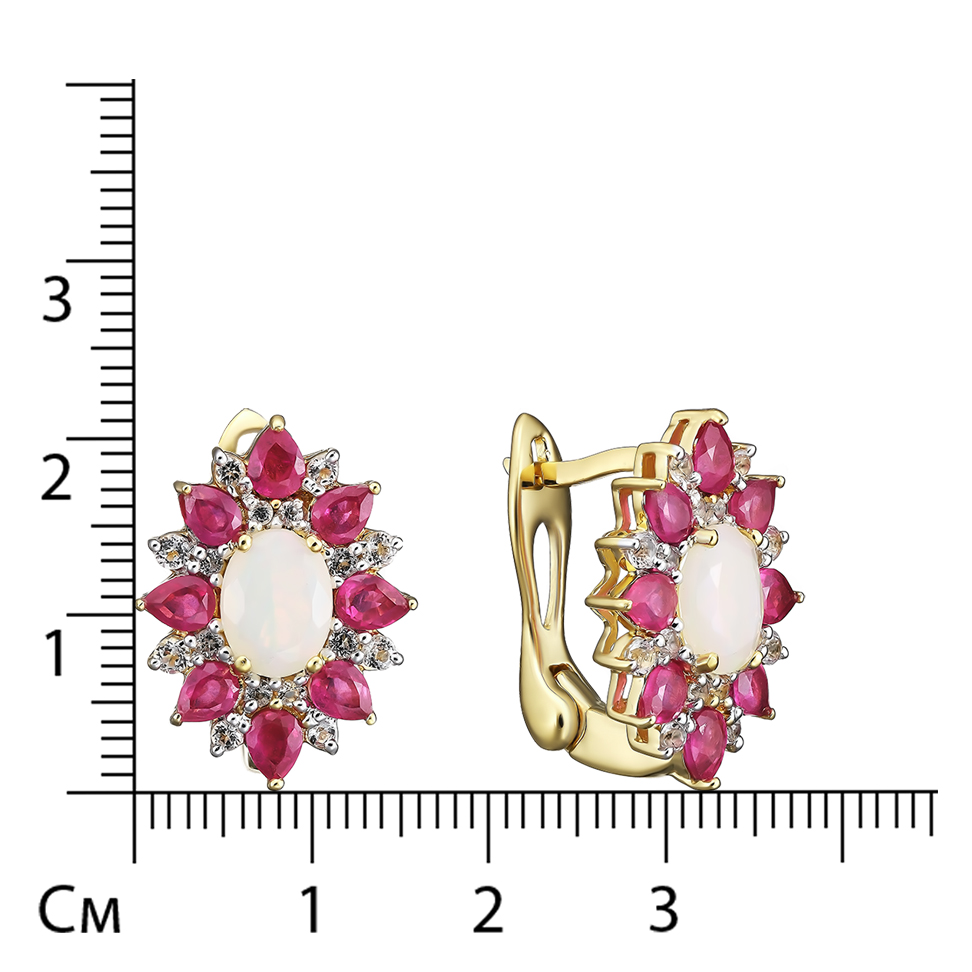 Серебряные серьги 925 пробы; вставки 16 Рубин F/2 3,2 ct; 2 Опал бел. 1,3 ct; 32 Топаз бел. 1,09 ct;