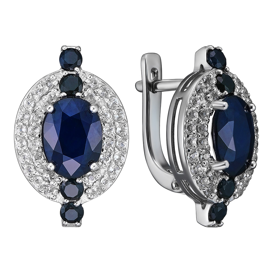 Серебряные серьги 925 пробы; вставки 8 Сапфир 0,714 U/2; 2 Сапфир 3,094 U/2; 64 Топаз белый;