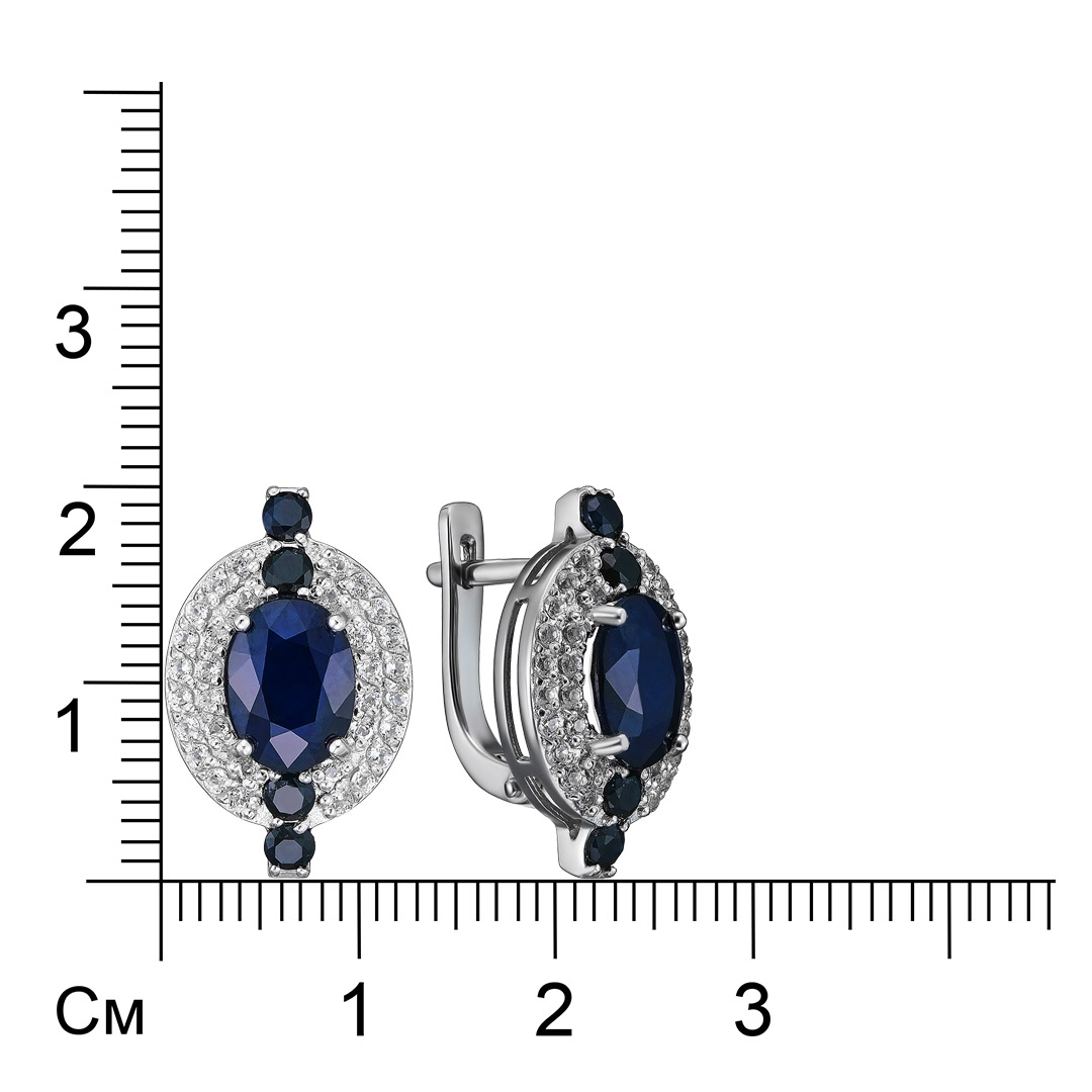 Серебряные серьги 925 пробы; вставки 8 Сапфир 0,714 U/2; 2 Сапфир 3,094 U/2; 64 Топаз белый;