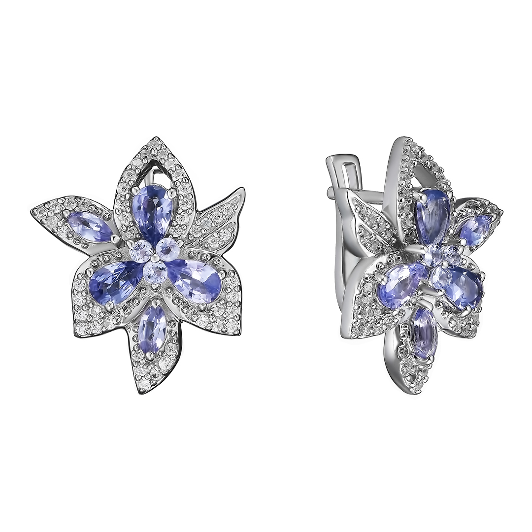 Серебряные серьги 925 пробы; вставки 16 Танзанит 1,904 ct; 94 Циркон бесцв. 0,634 ct;