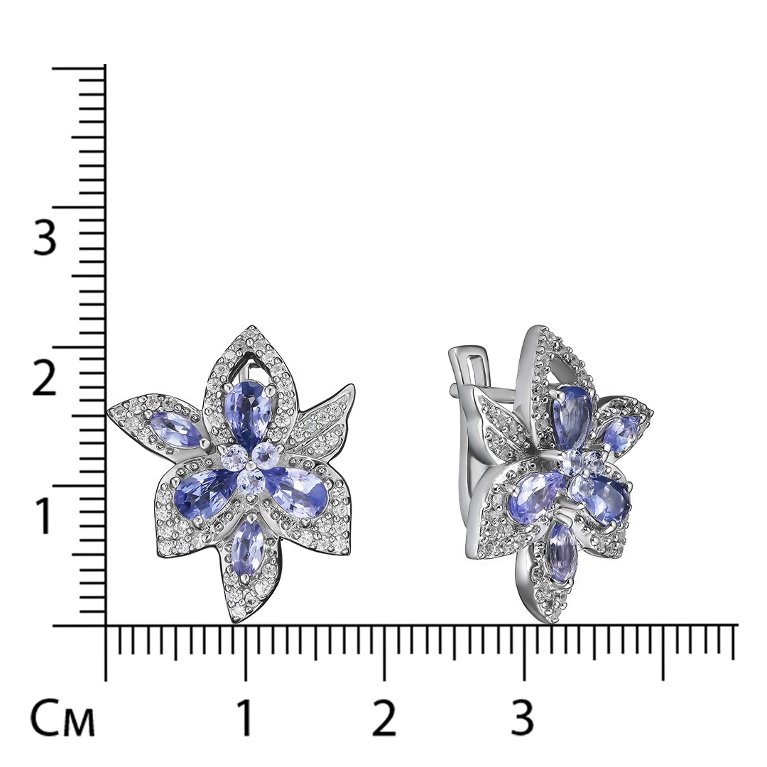 Серебряные серьги 925 пробы; вставки 16 Танзанит 1,904 ct; 94 Циркон бесцв. 0,634 ct;
