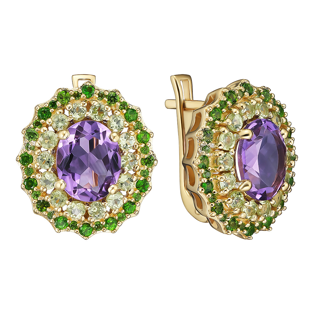 Серебряные серьги 925 пробы; вставки 2 Аметист 3,24ct; 28 Перидот 1,06ct; 64 Хромдиопсид 0,70ct;