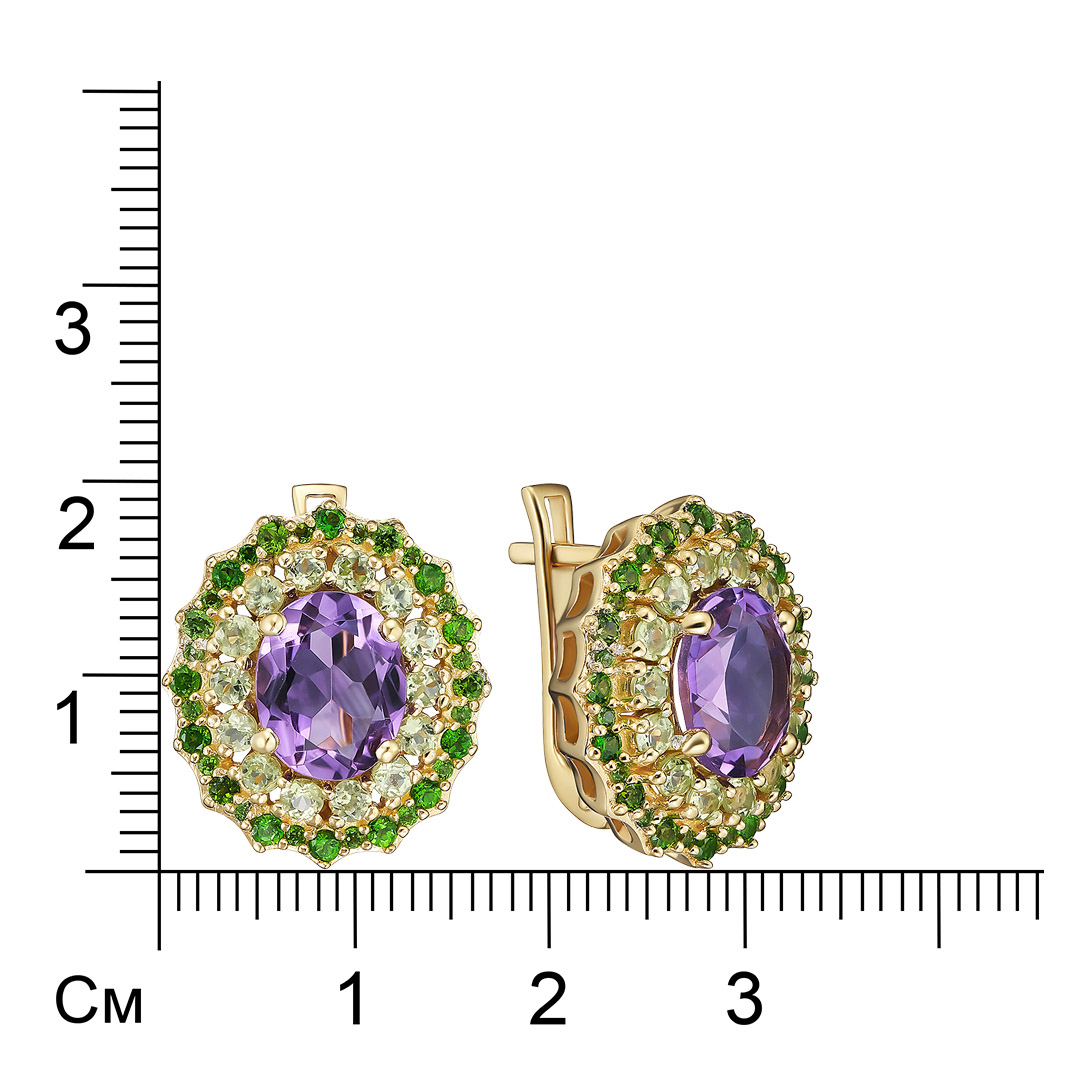 Серебряные серьги 925 пробы; вставки 2 Аметист 3,24ct; 28 Перидот 1,06ct; 64 Хромдиопсид 0,70ct;