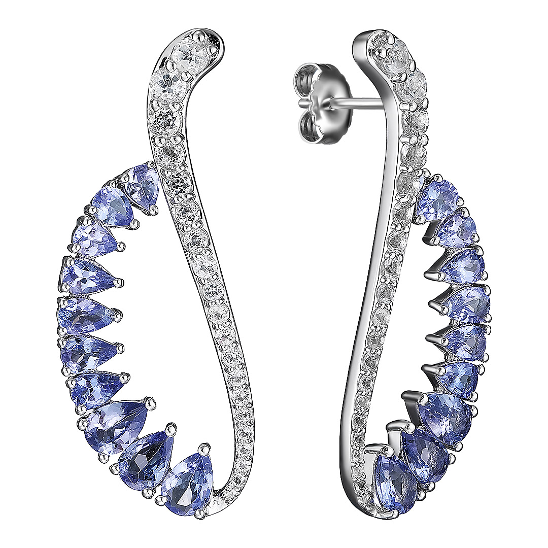 Серебряные серьги 925 пробы; вставки 20 Танзанит 4,74 ct; 40 Топаз белый 1,82 ct;