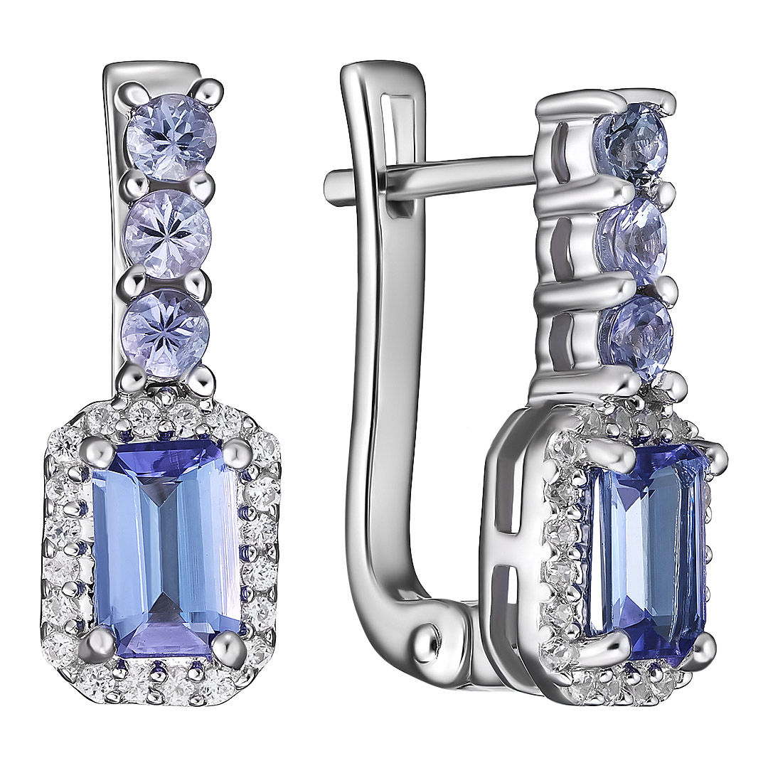 Серебряные серьги 925 пробы; вставки 8 Танзанит 1,6325 ct; 40 Циркон бесцв. 0,28 ct;