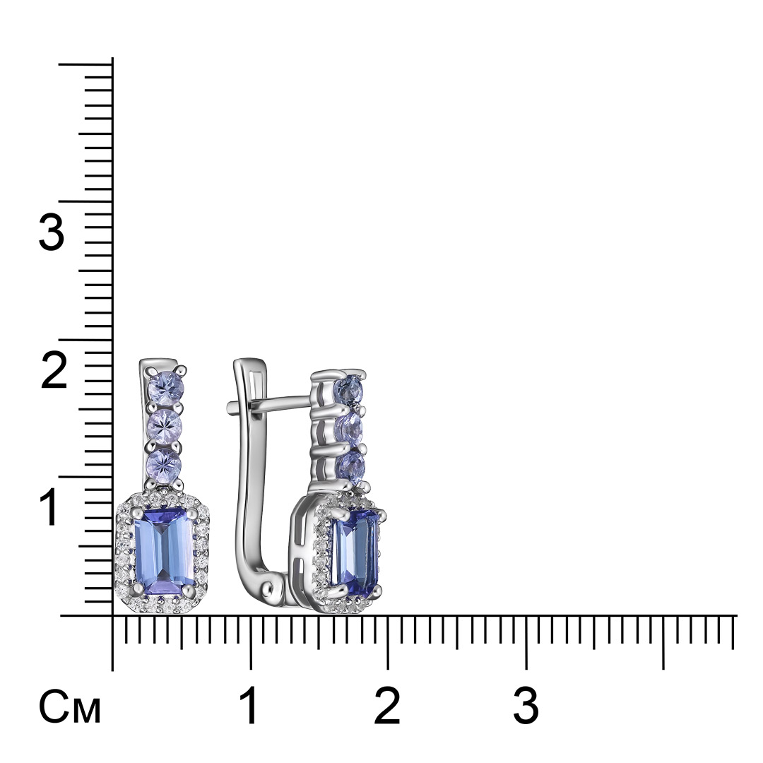 Серебряные серьги 925 пробы; вставки 8 Танзанит 1,6325 ct; 40 Циркон бесцв. 0,28 ct;