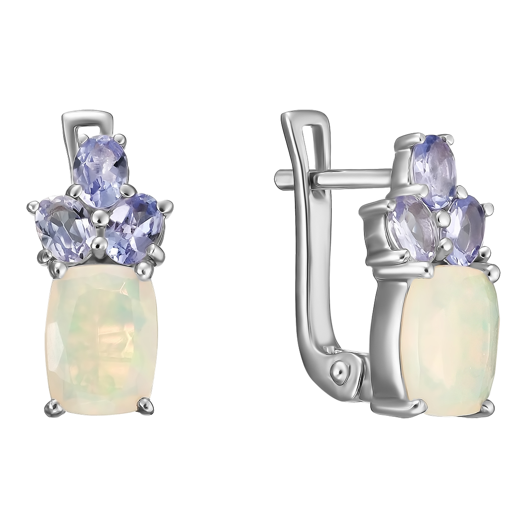 Серебряные серьги 925 пробы; вставки 2 Опал бел. 1,84 ct; 6 Танзанит 0,93 ct;