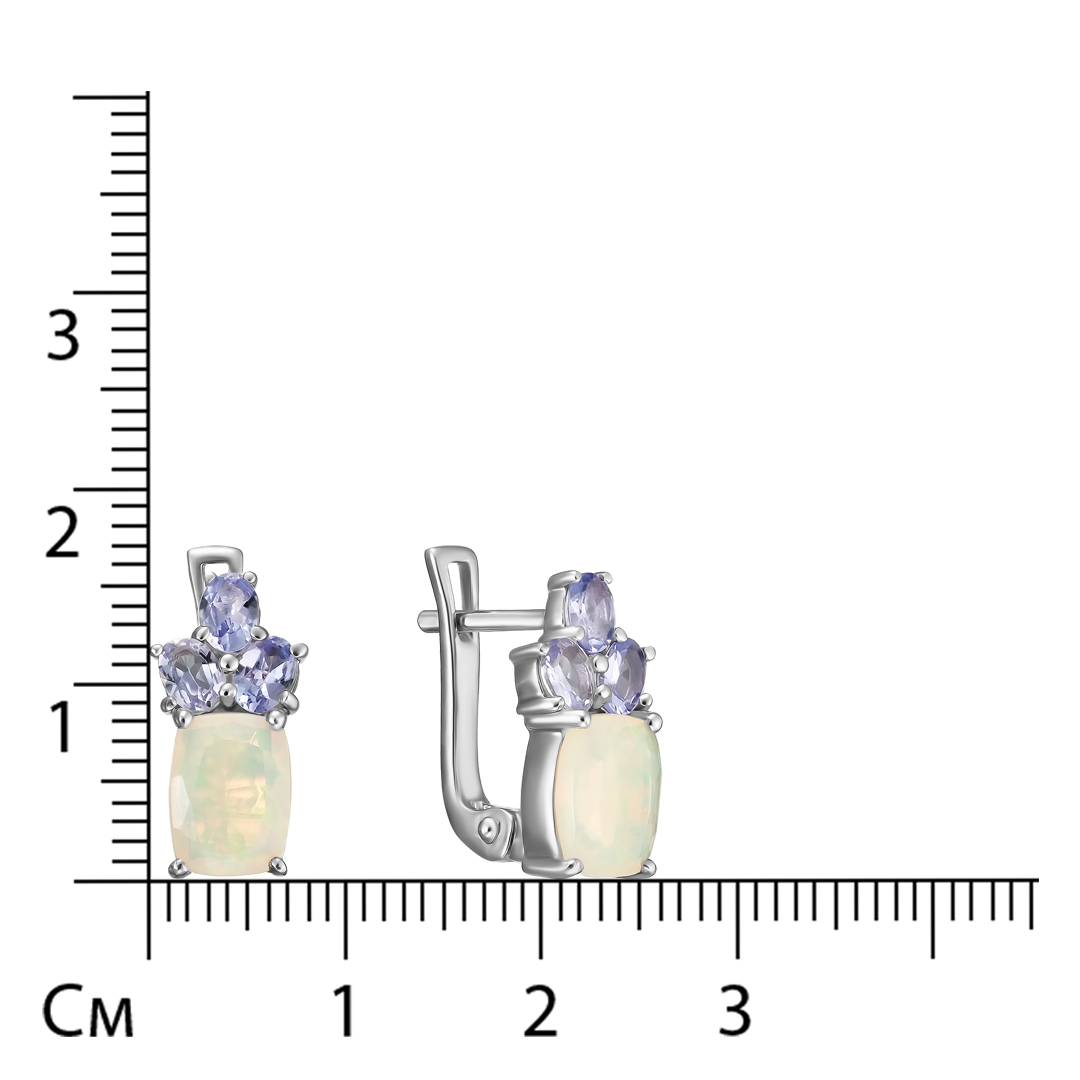 Серебряные серьги 925 пробы; вставки 2 Опал бел. 1,84 ct; 6 Танзанит 0,93 ct;