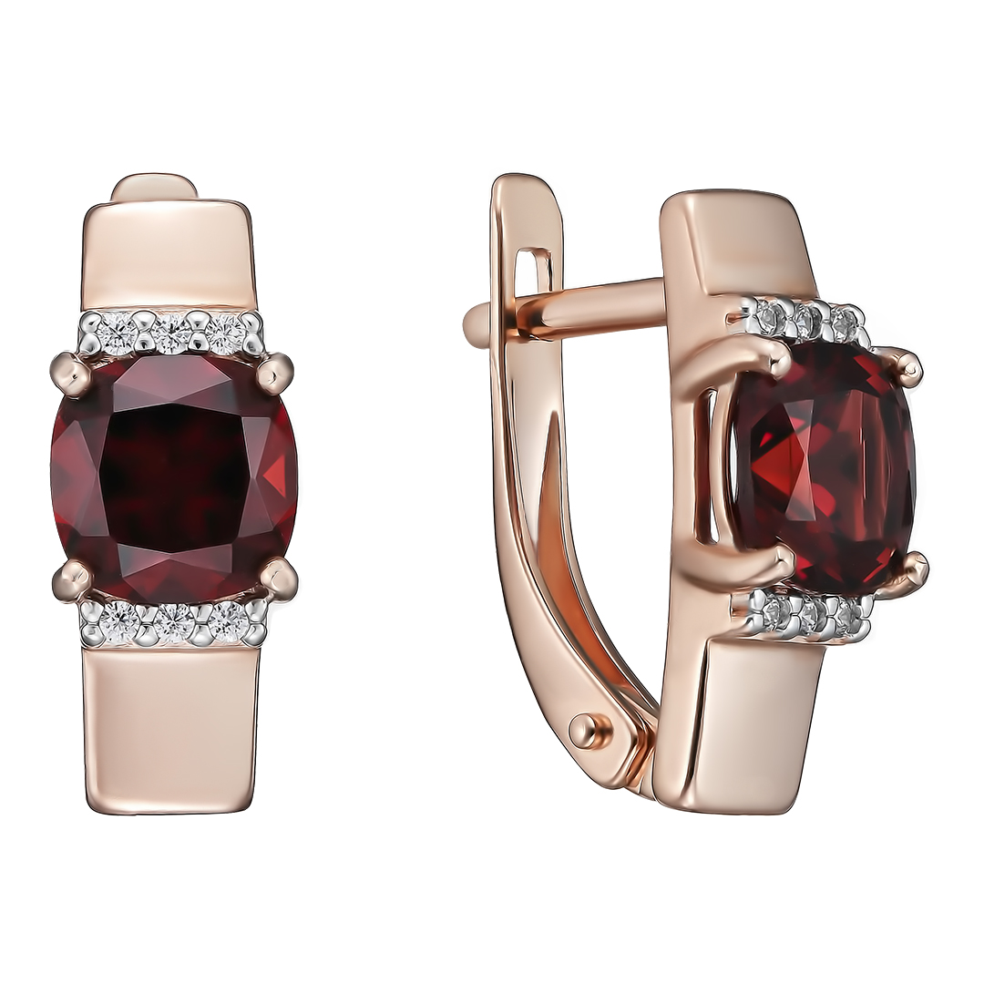 Серебряные серьги 925 пробы; вставки 2 Гранат; 12 Фианит бесцв.;