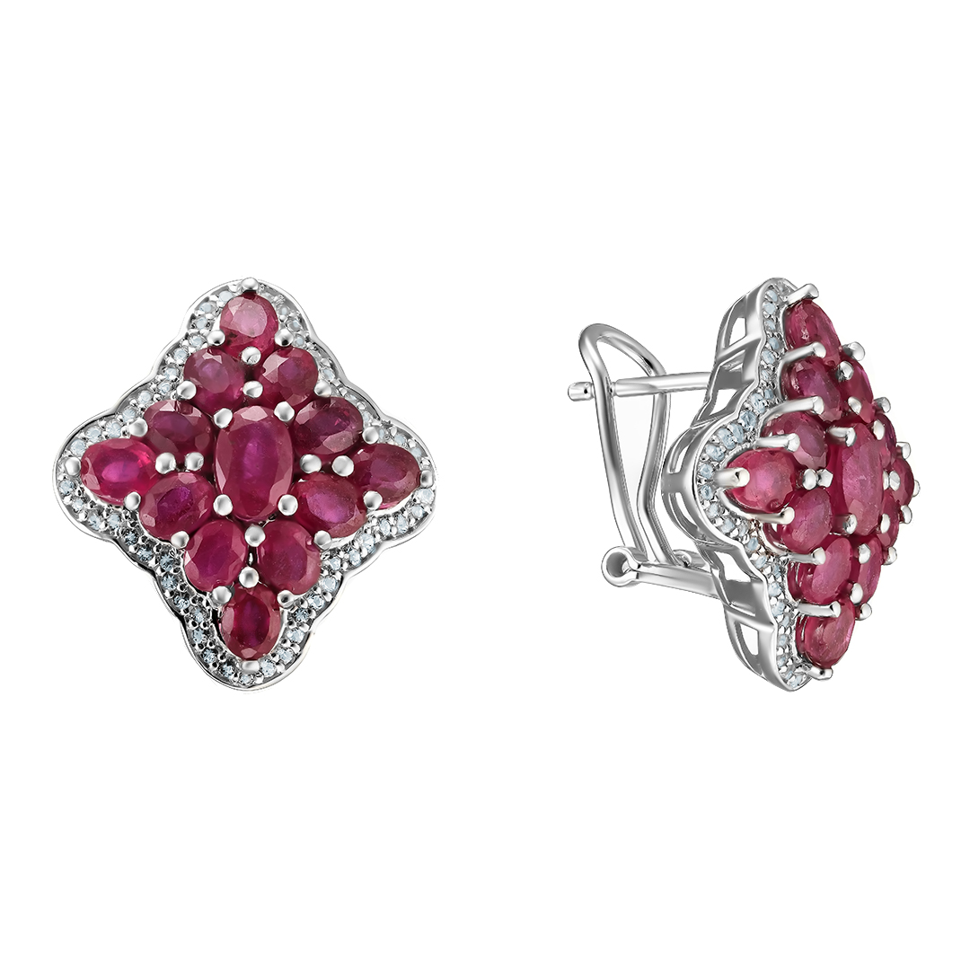 Серебряные серьги 925 пробы; вставки 26 Рубин F/2 6,26 ct; 112 Топаз белый 0,56 ct;