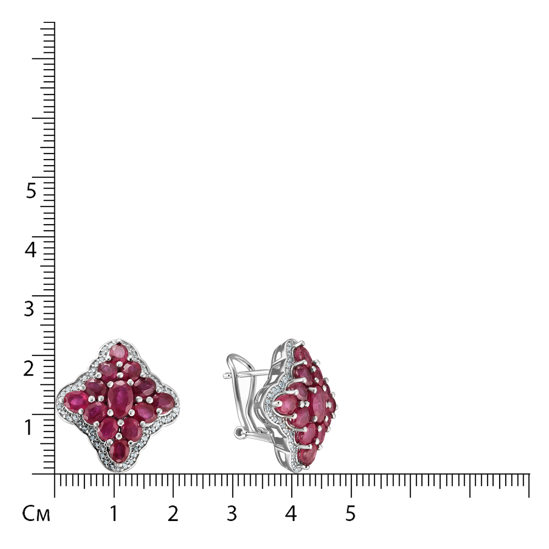 Серебряные серьги 925 пробы; вставки 26 Рубин F/2 6,26 ct; 112 Топаз белый 0,56 ct;