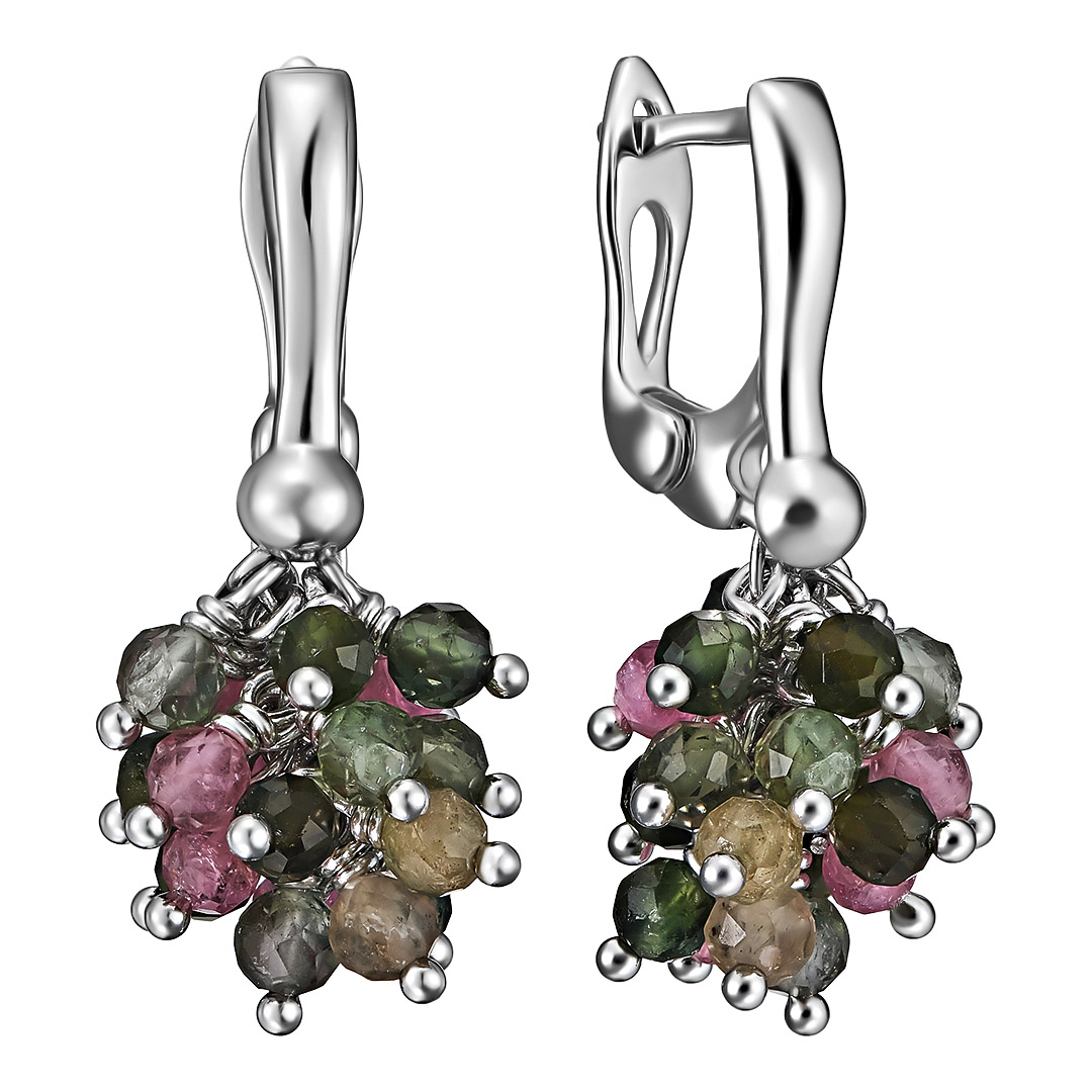 Серебряные серьги 925 пробы; вставки 40 Турмалин мультиколор 10 ct;