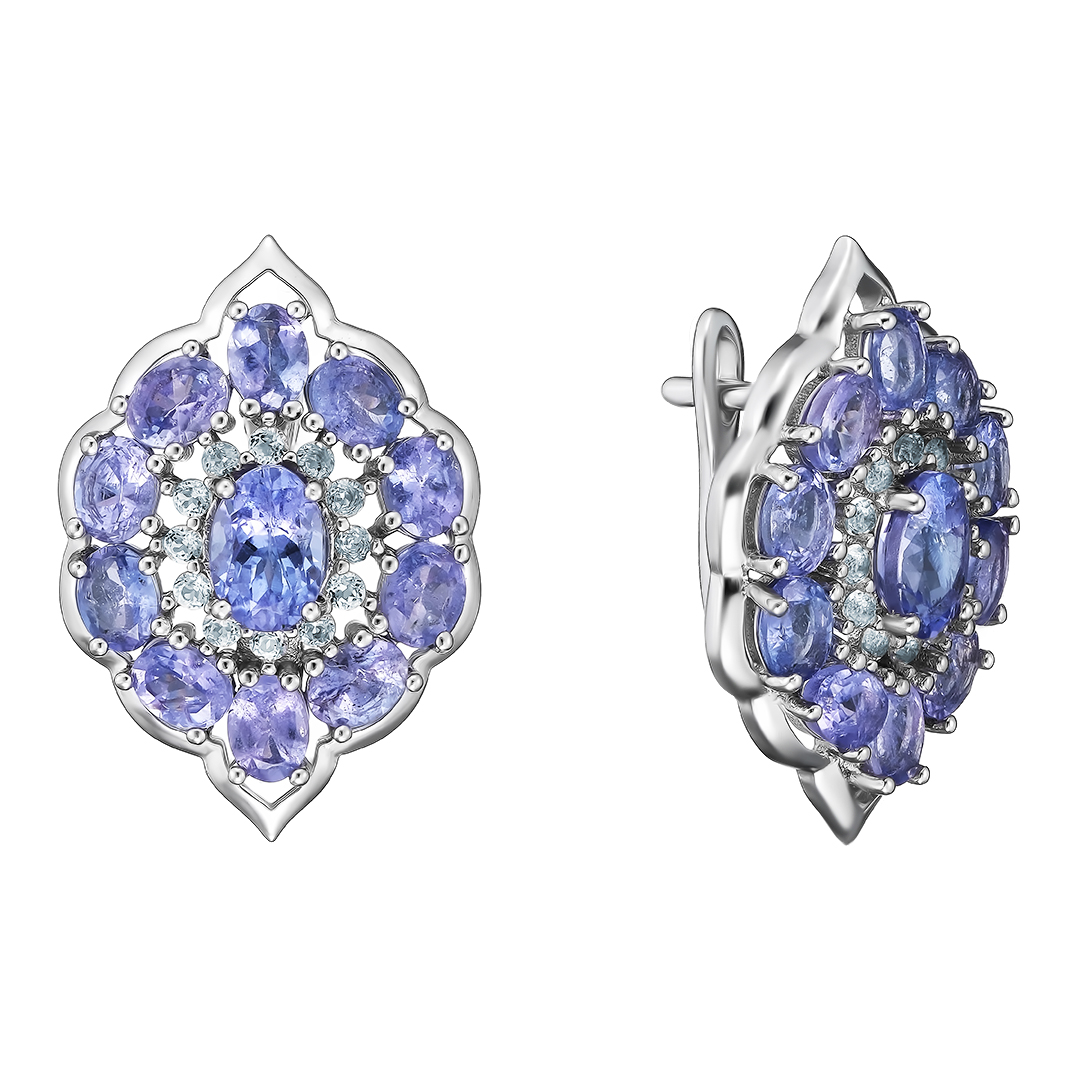 Серебряные серьги 925 пробы; вставки 22 Танзанит 4,91 ct; 24 Топаз белый 0,384 ct;