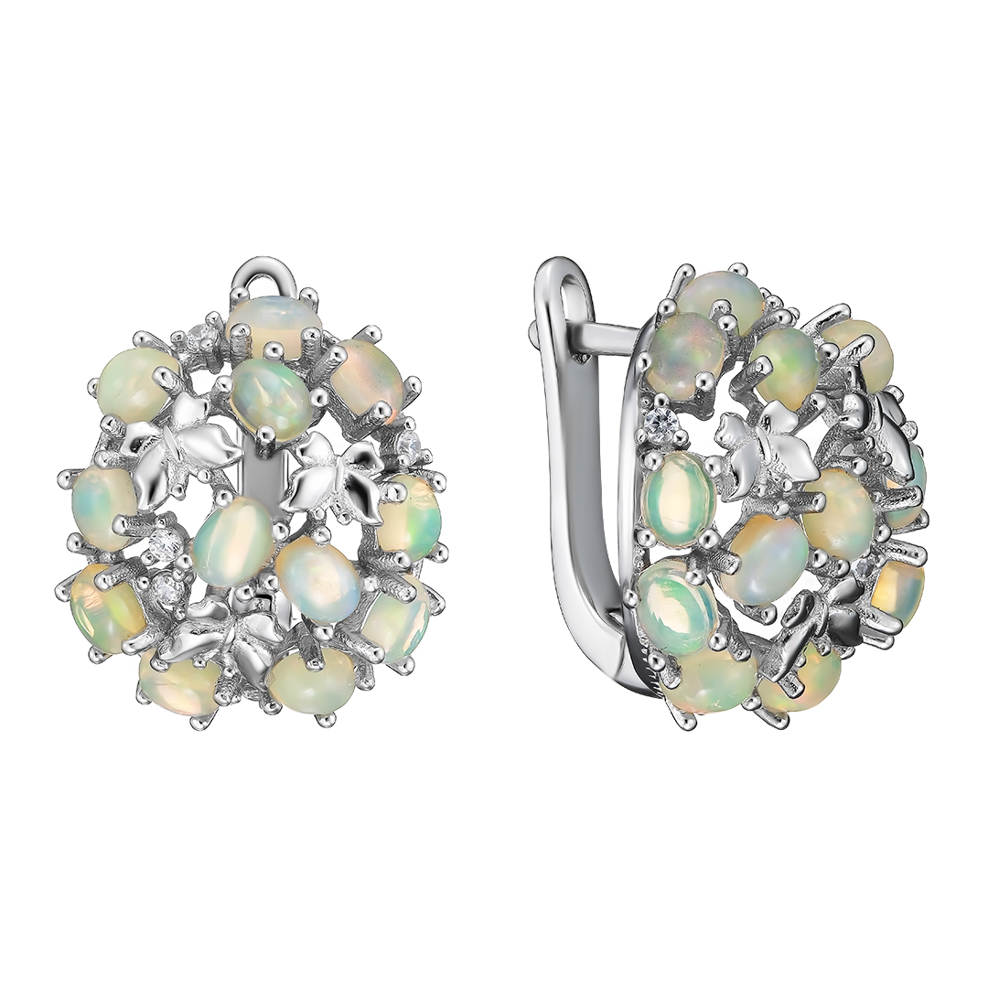 Серебряные серьги 925 пробы; вставки 24 Опал 2,808 ct; 10 Топаз белый 0,16 ct;