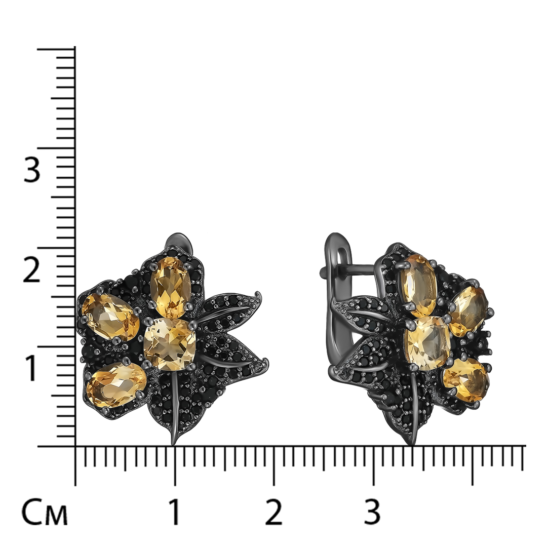 Серьги из недраг. металла; вставки 8 Цитрин 3,34 ct; 122 Шпинель черн.;