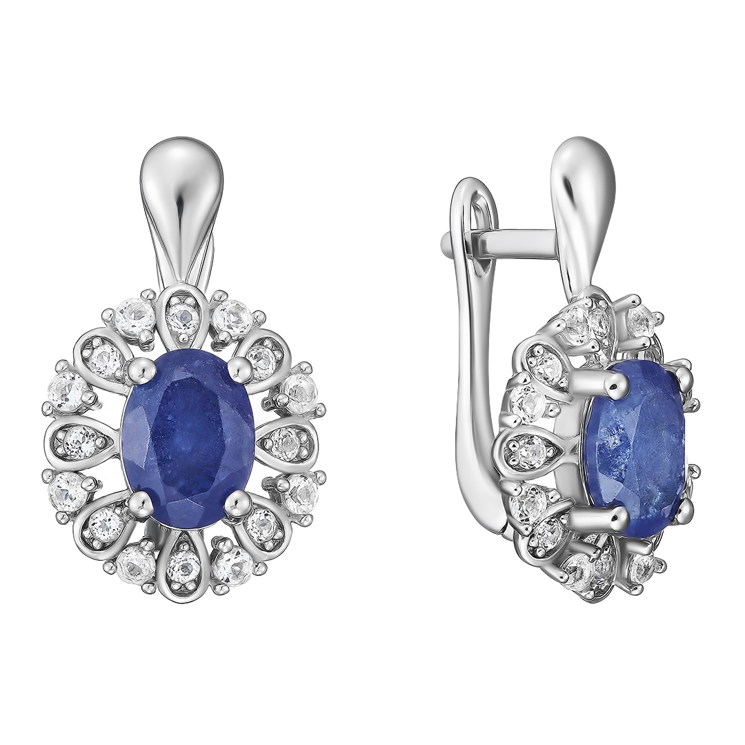 Серебряные серьги 925 пробы; вставки 2 Танзанит 2,94 ct; 32 Топаз белый 0,66 ct;