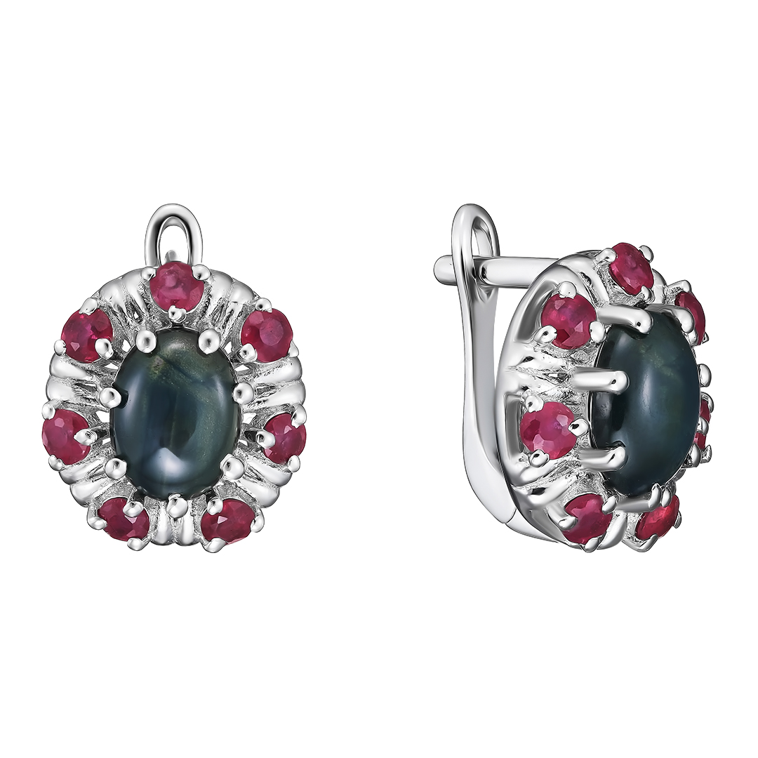 Серебряные серьги 925 пробы; вставки 2 Сапфир звездчатый U/2 3,88 ct; 14 Рубин F/2 1,12 ct;
