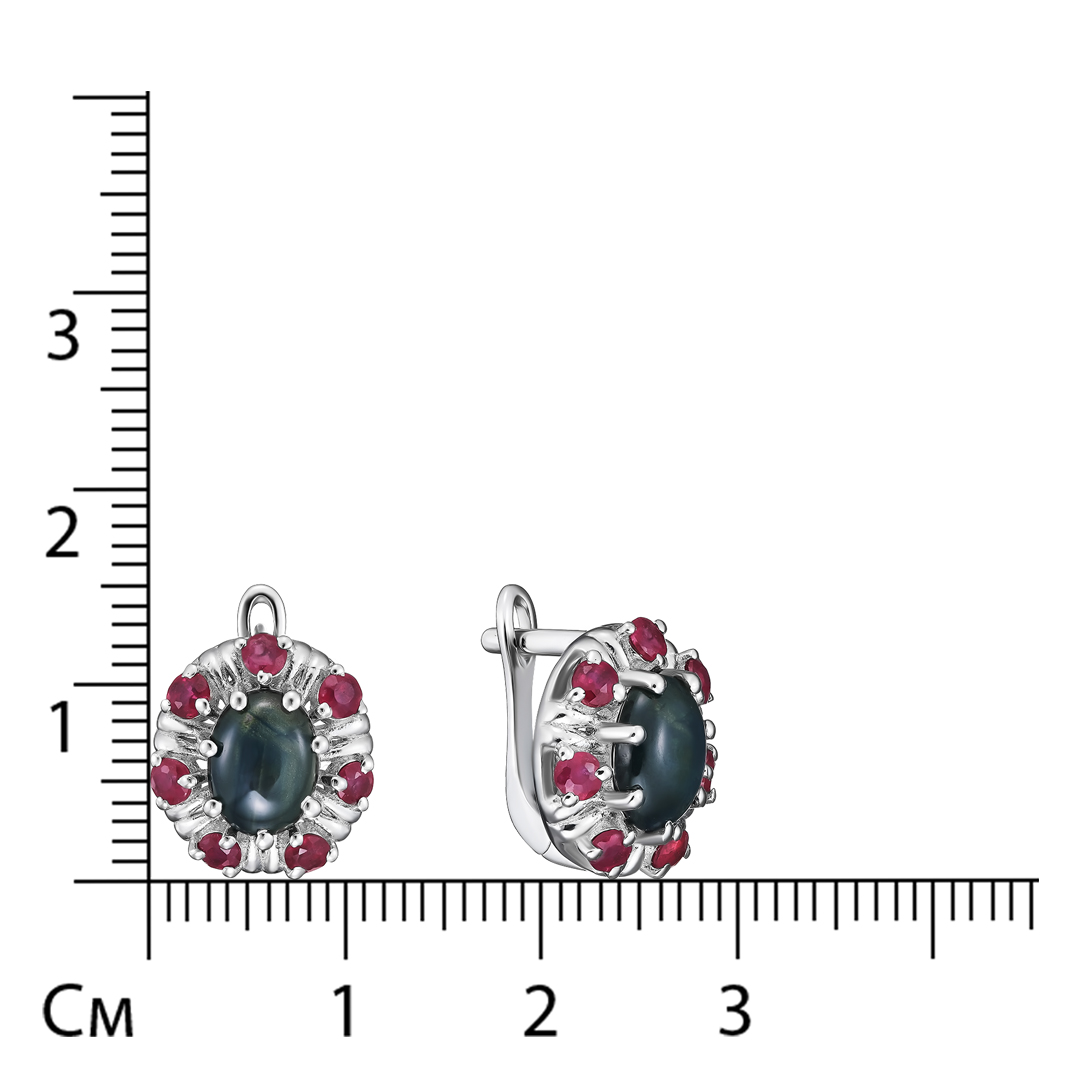 Серебряные серьги 925 пробы; вставки 2 Сапфир звездчатый U/2 3,88 ct; 14 Рубин F/2 1,12 ct;