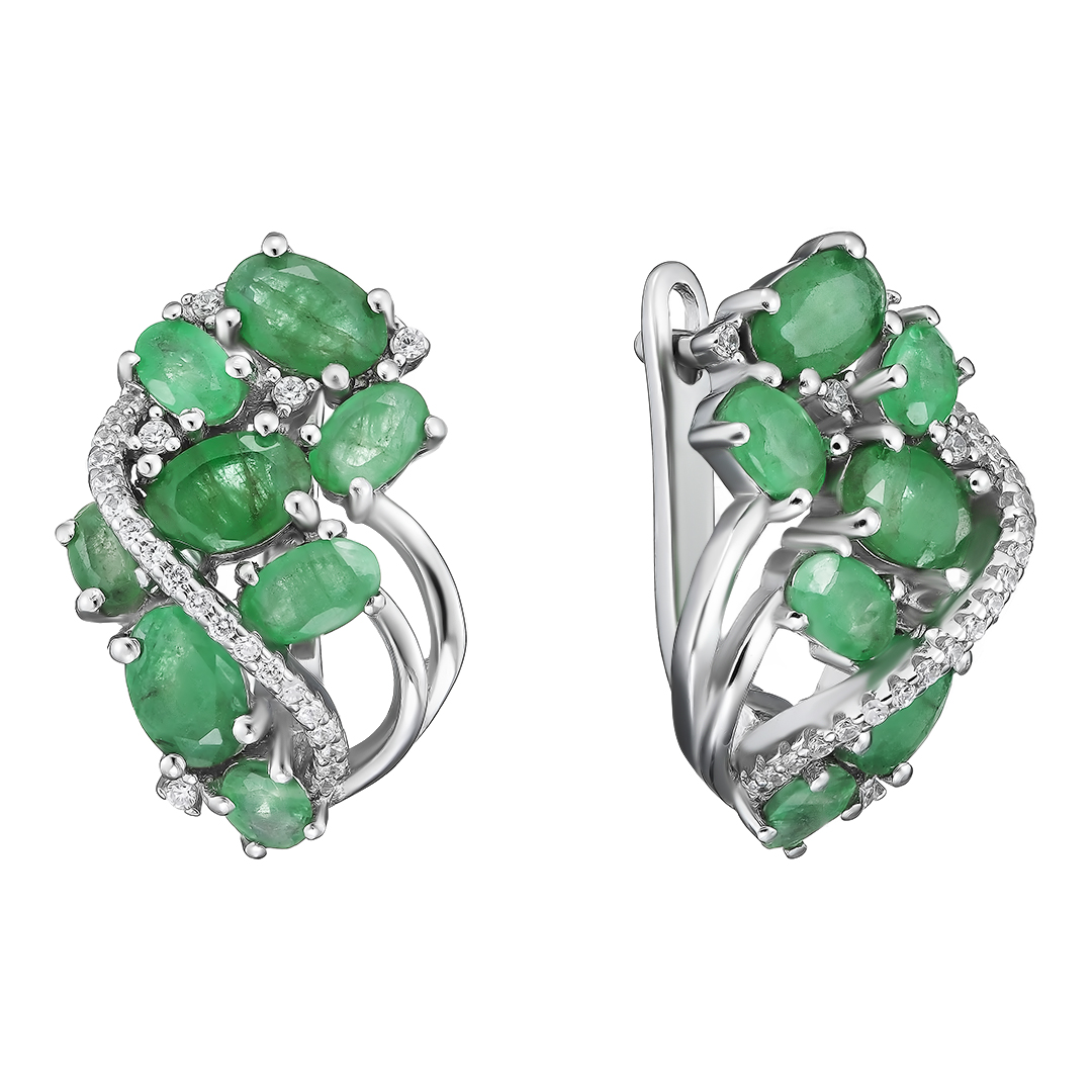 Серебряные серьги 925 пробы; вставки 16 Изумруд (О) 4/3 4,43 ct; 48 Топаз белый 0,4 ct;