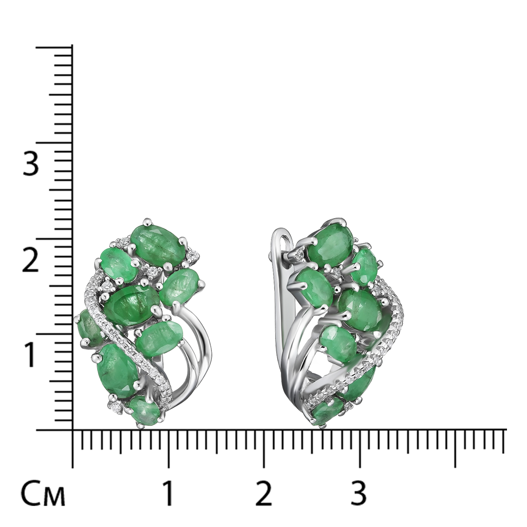 Серебряные серьги 925 пробы; вставки 16 Изумруд (О) 4/3 4,43 ct; 48 Топаз белый 0,4 ct;