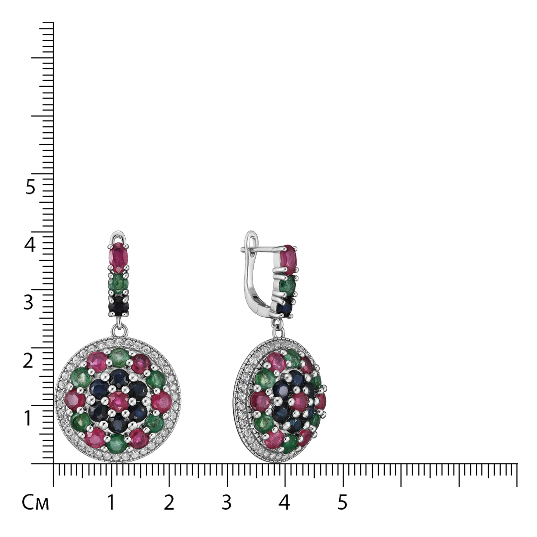 Серебряные серьги 925 пробы; вставки 14 Изумруд (О) 4/3 2,128ct; 16 Рубин F/2 4,214ct; 14 Сапфир U/2