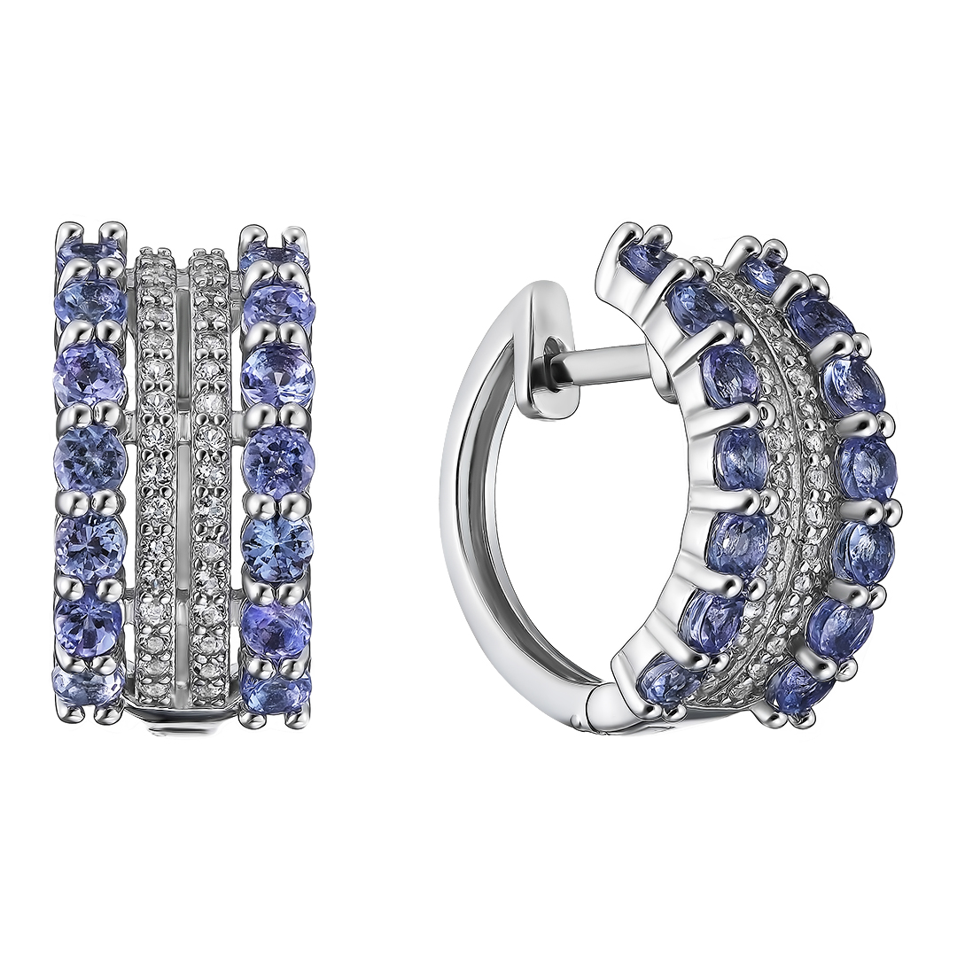 Серебряные серьги 925 пробы; вставки 28 Танзанит 1,792 ct; 64 Топаз белый 0,512 ct;