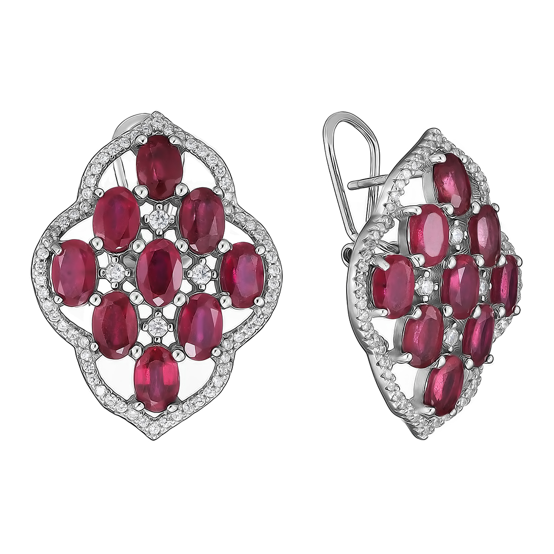 Серебряные серьги 925 пробы; вставки 18 Рубин F/2 10,476 ct; 132 Топаз белый 1,296 ct;