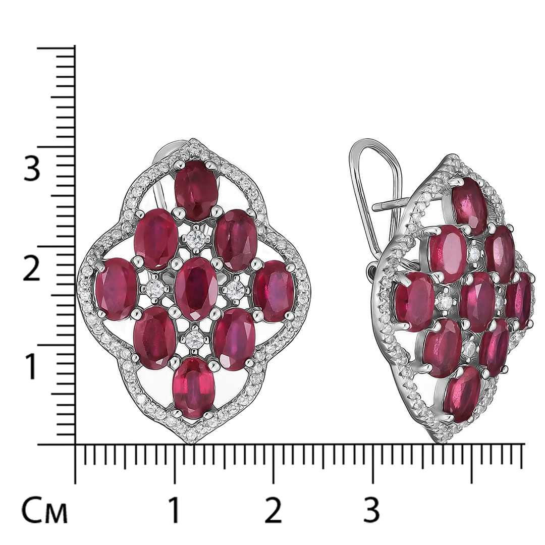 Серебряные серьги 925 пробы; вставки 18 Рубин F/2 10,476 ct; 132 Топаз белый 1,296 ct;