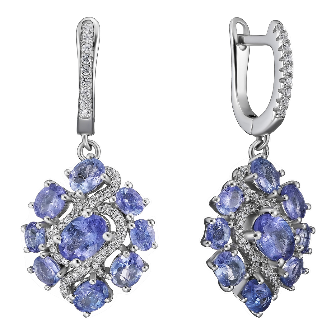 Серебряные серьги 925 пробы; вставки 18 Танзанит 5,88 ct; 90 Топаз белый 0,77 ct;