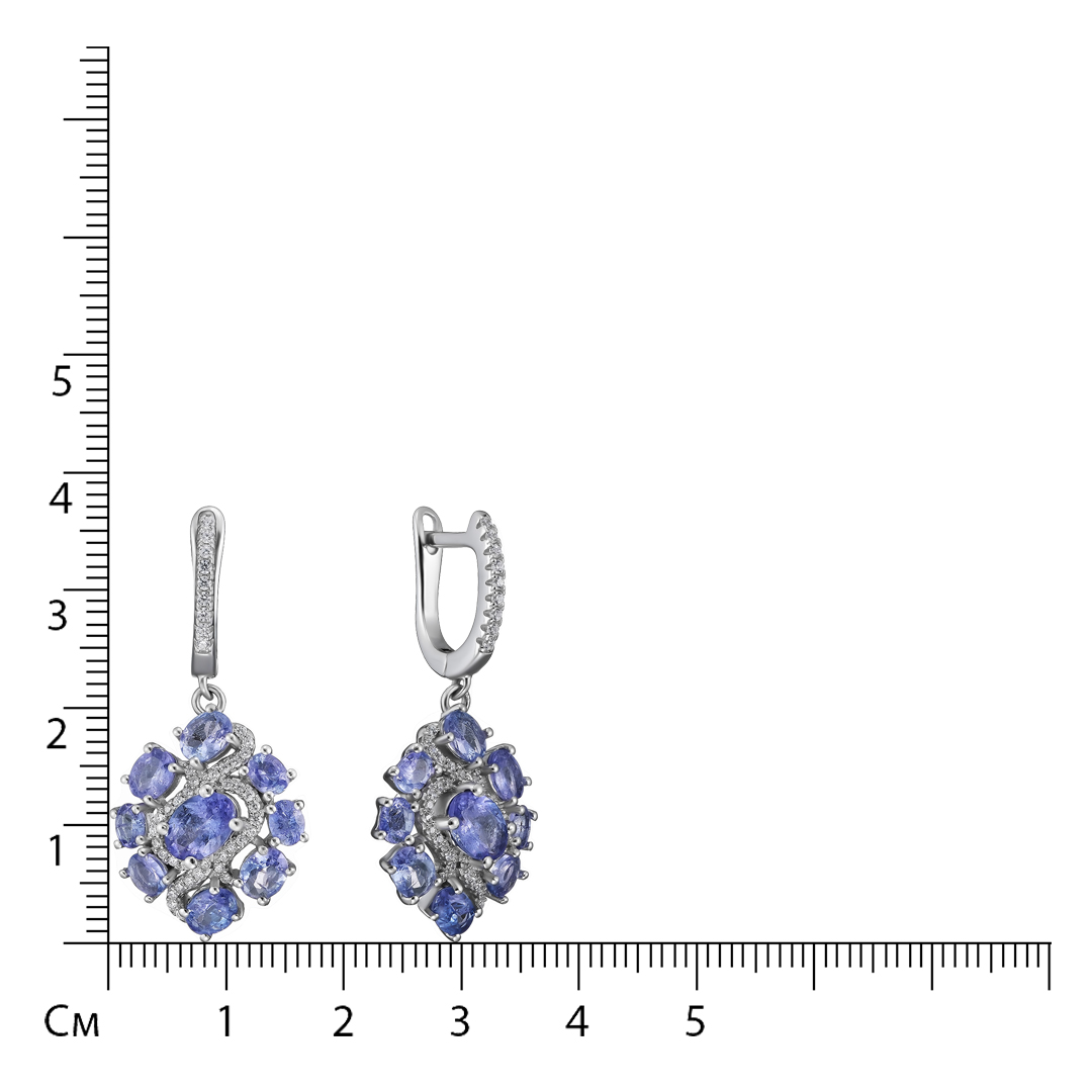 Серебряные серьги 925 пробы; вставки 18 Танзанит 5,88 ct; 90 Топаз белый 0,77 ct;