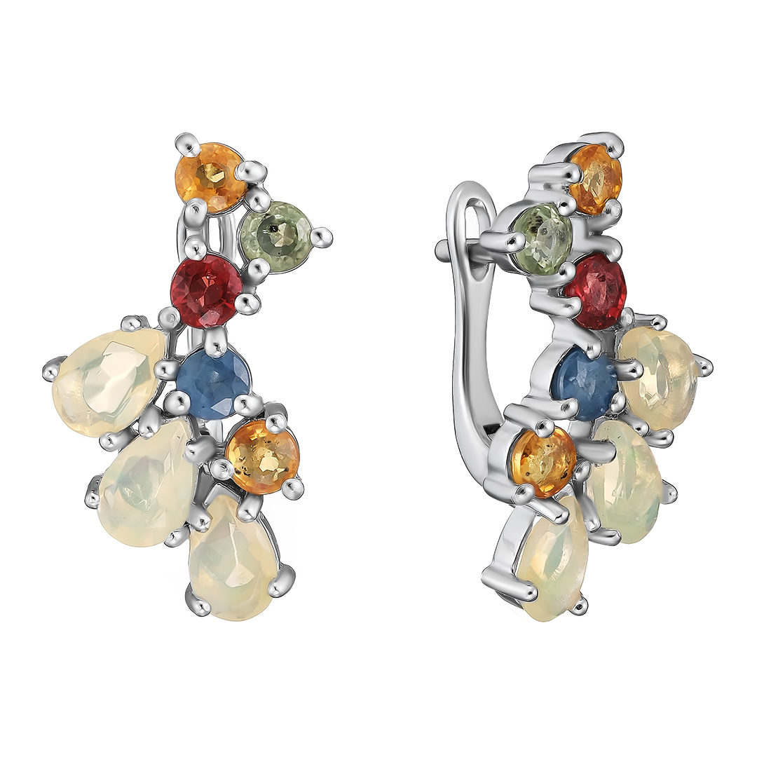 Серебряные серьги 925 пробы; вставки 6 Опал бел. 1,698 ct; 10 Сапфир разноцв. 1,97 ct;