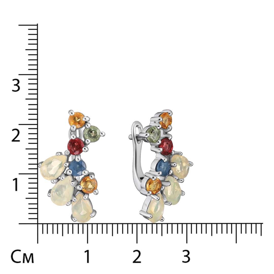Серебряные серьги 925 пробы; вставки 6 Опал бел. 1,698 ct; 10 Сапфир разноцв. 1,97 ct;