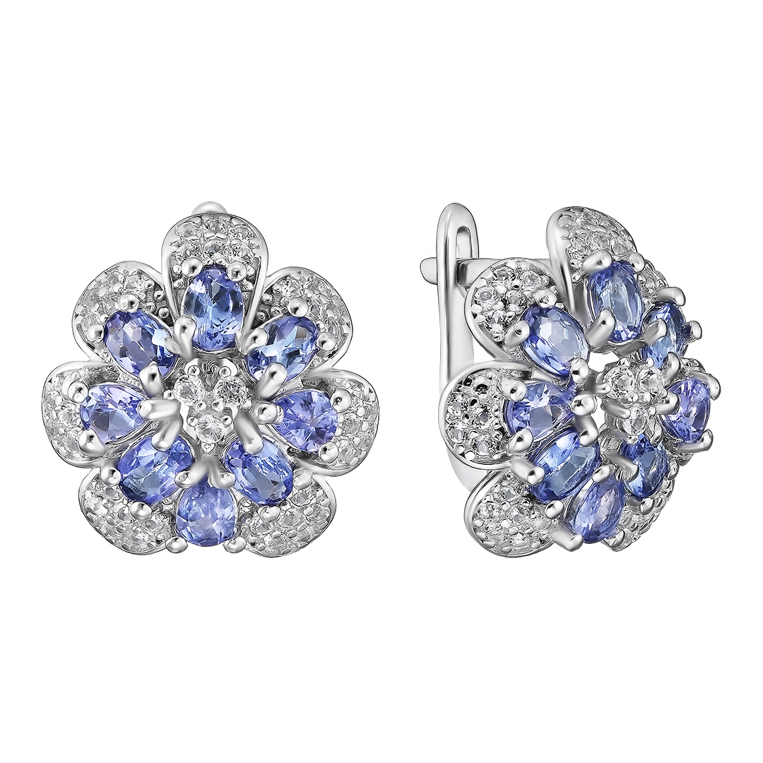 Серебряные серьги 925 пробы; вставки 16 Танзанит 2,65ct; 134 Топаз белый 1,42ct;