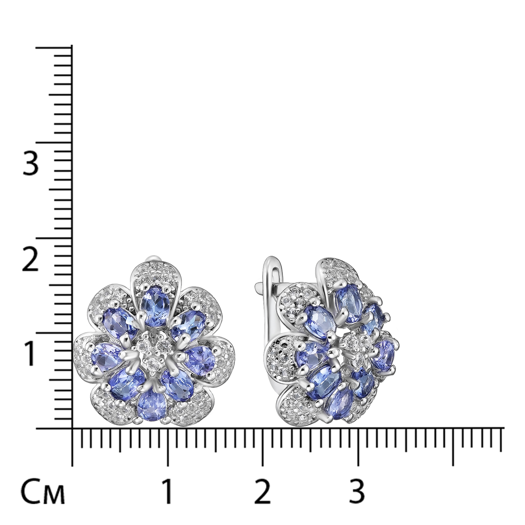 Серебряные серьги 925 пробы; вставки 16 Танзанит 2,65ct; 134 Топаз белый 1,42ct;