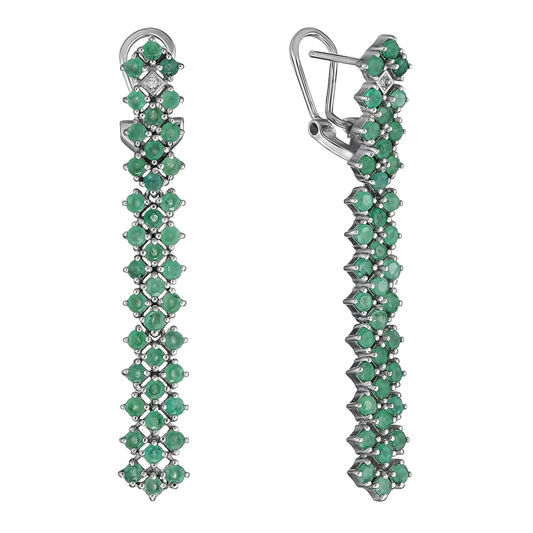 Серебряные серьги 925 пробы; вставки 78 Изумруд (О) 4/3 3,744 ct; 2 Топаз белый 0,02 ct;