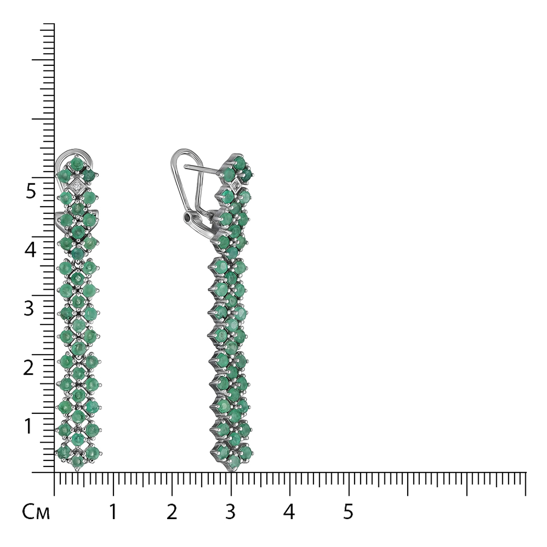 Серебряные серьги 925 пробы; вставки 78 Изумруд (О) 4/3 3,744 ct; 2 Топаз белый 0,02 ct;