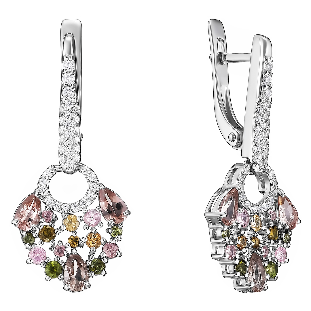Серебряные серьги 925 пробы; вставки 32 Турмалин разноцв.; 68 Фианит бесцв.;