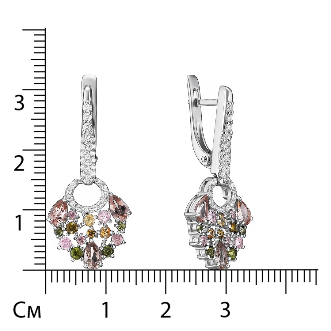 Серебряные серьги 925 пробы; вставки 32 Турмалин разноцв.; 68 Фианит бесцв.;