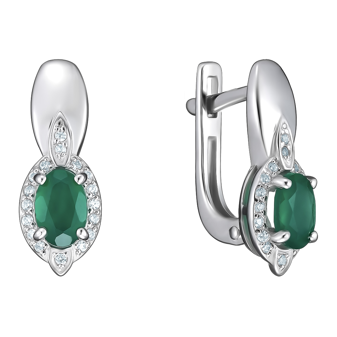 Серебряные серьги 925 пробы; вставки 2 Агат зел.; 34 Фианит бесцв.;