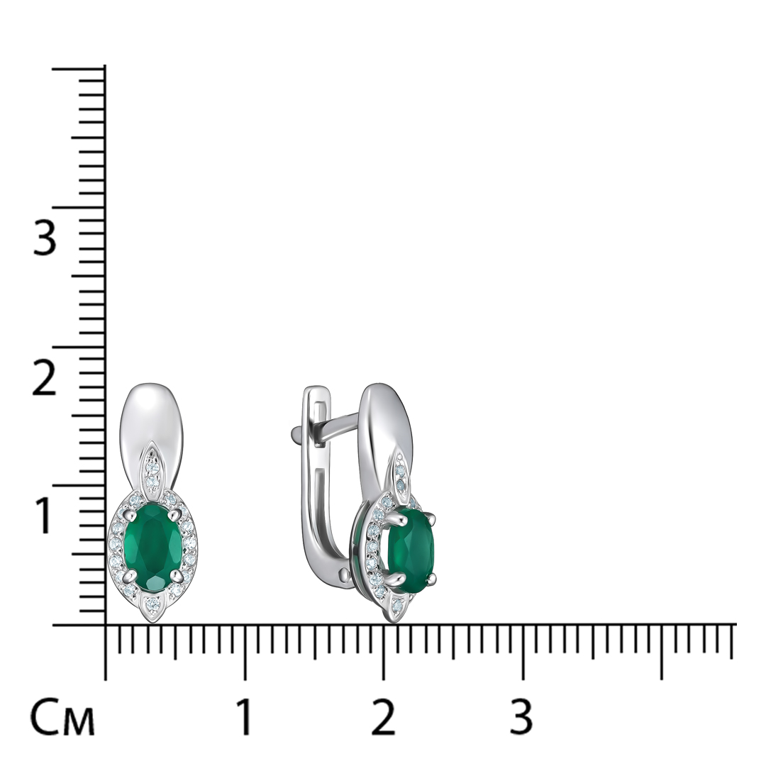 Серебряные серьги 925 пробы; вставки 2 Агат зел.; 34 Фианит бесцв.;