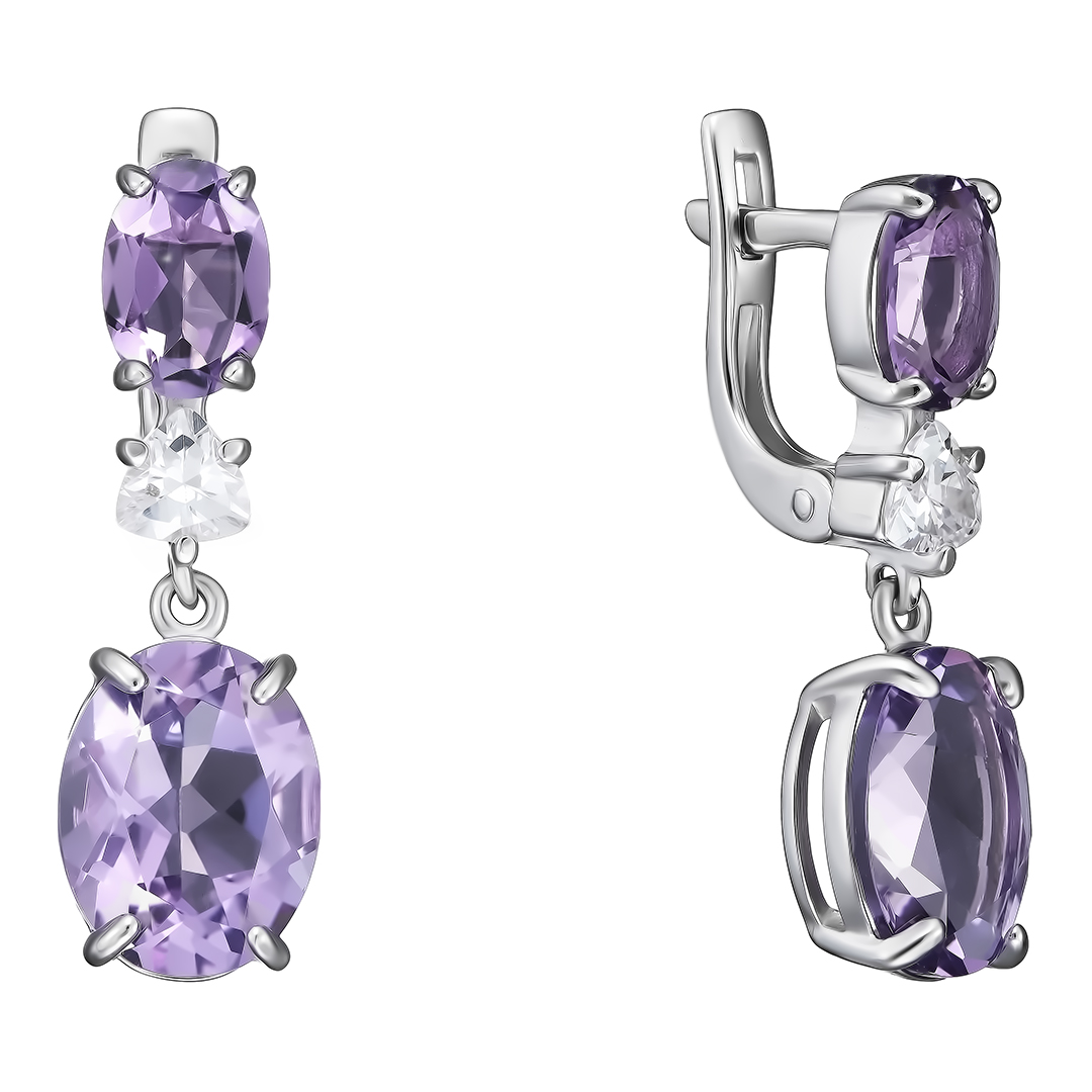 Серебряные серьги 925 пробы; вставки 4 Аметист; 2 Фианит бесцв.;